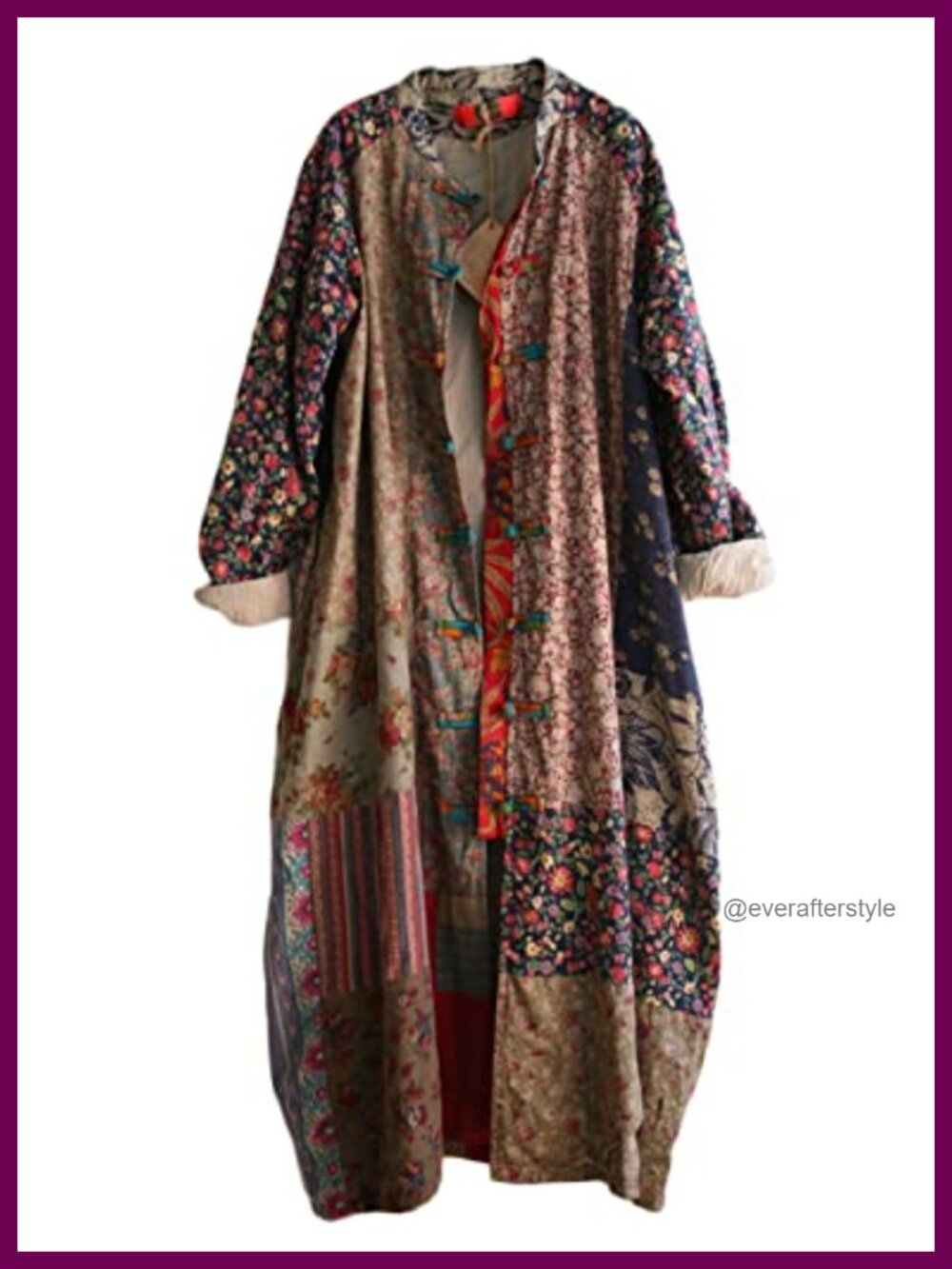 Women's Trench Coat Long Cotton Linen Floral Patchwork Cottagecore Jacket